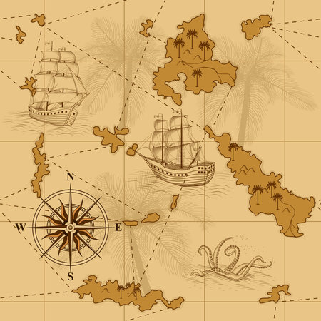 seamless old map with a compass and ships in yellowのイラスト素材