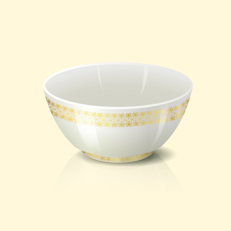 bowl with golden floral ornament and reflection on a yellow backgroundのイラスト素材