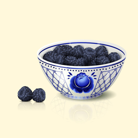 bowl with blue floral ornament and blackberry on a yellow backgroundのイラスト素材