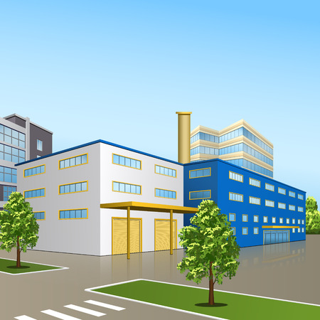 factory building with offices and production facilities in perspectiveのイラスト素材