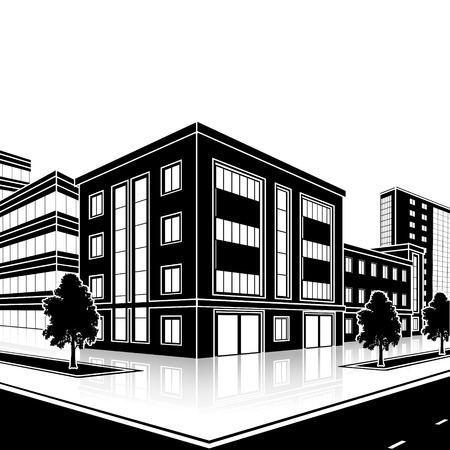 silhouette office building with the entrance and a reflection on the background of the streetのイラスト素材