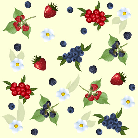 seamless pattern of strawberry, raspberry, blueberry and flowers with green leavesのイラスト素材