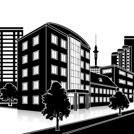 silhouette office building with the entrance and a reflection on the background of the streetのイラスト素材