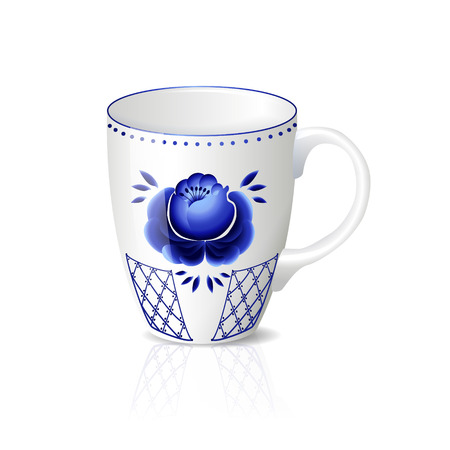 white cup with blue floral ornament, reflection and shadow on a white backgroundのイラスト素材