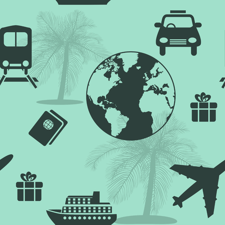 seamless pattern travel, cruise, ship, plane on a green backgroundのイラスト素材
