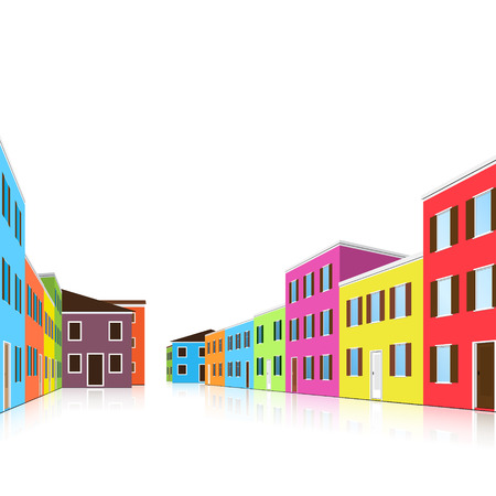 city street with colorful houses on a white backgroundのイラスト素材