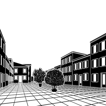 city street with houses on a white backgroundのイラスト素材