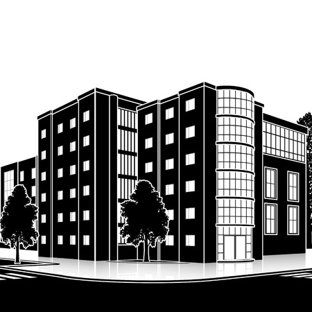 silhouette office building with the entrance and a reflection on the of the streetのイラスト素材