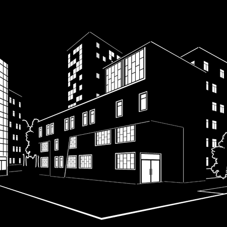 silhouette of buildings and streets at night on black backgroundのイラスト素材