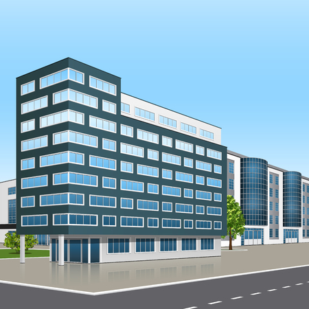 office building with the entrance and a reflection of the streetのイラスト素材