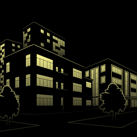 silhouette of buildings and streets at night on black backgroundのイラスト素材