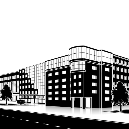 Silhouette office building with the entrance and a reflection on the pattern of the street.のイラスト素材