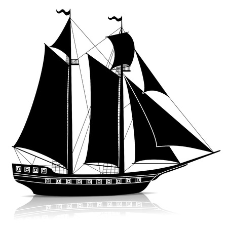 silhouette vintage sailing ship with reflection on a white backgroundのイラスト素材