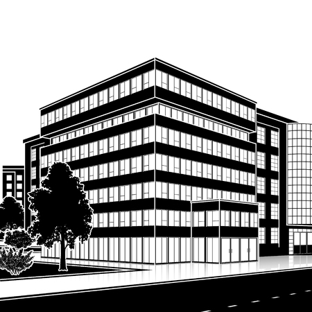 silhouette office building with the entrance and a reflection on the background of the streetのイラスト素材