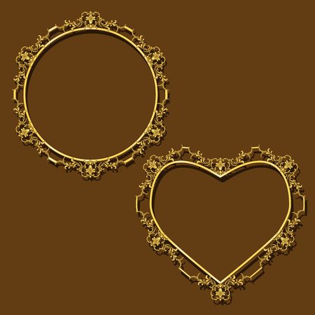 Frames gold color circle and heart with shadow on brown backgroundのイラスト素材