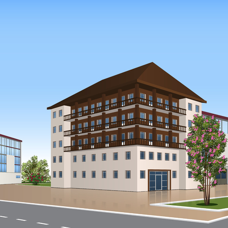 Office building with the entrance and a reflection on the background of the streetのイラスト素材