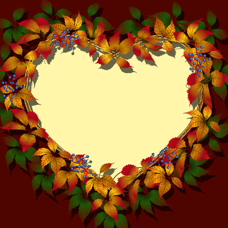 Frame with yellow and red leaves. Shape of a heart.のイラスト素材