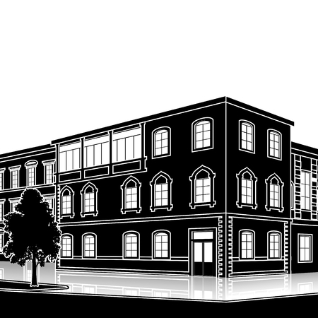 silhouette office building with the entrance and a reflection on the background of the streetのイラスト素材