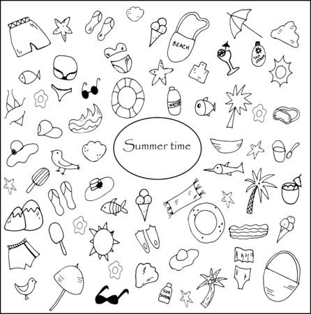 Set of hand drawn doodles summer time. Cute line iconsのイラスト素材