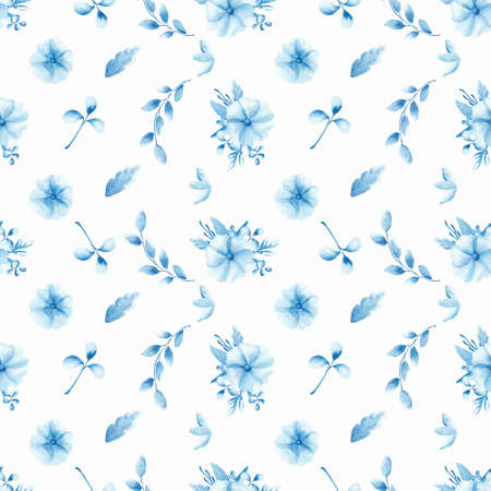 Seamless watercolor pattern with blue poppies and leavesの写真素材