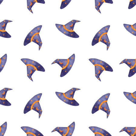 Halloween seamless pattern watercolor witch magician hat on white backgroundの写真素材