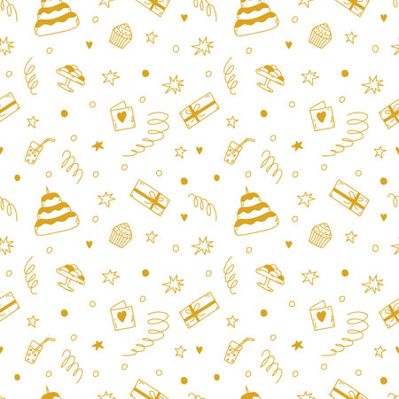 Seamless doodle vector pattern with sweets, birthday cake, gifts and stars. Cute cartoon background for birthday, St. Valentines in gold colorのイラスト素材