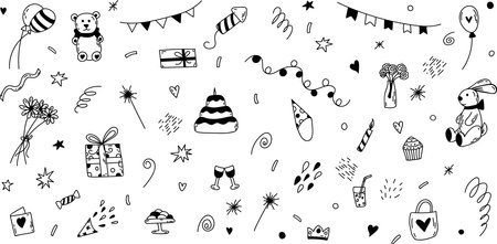 Vector doodle birthday set of elements. Hand-drawn illustration with cake, balloons, gift boxes.のイラスト素材