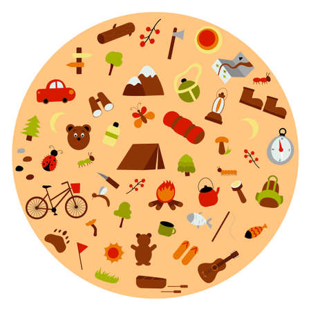 Vector flat set of hiking and camping elements. Collection in cartoon hand drawn style of camp equipment and wild animalsのイラスト素材