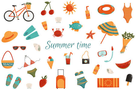 Summer time vector clip art. Set of summer clothes, fruits, beach and vacation items, sea animalsのイラスト素材