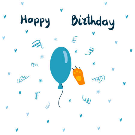 Vector greeting card with blue balloon and ginger cat paw and hand drawn lettering. Happy Birthday cartoon flat colorful illustration for childrens card, product design, textileのイラスト素材