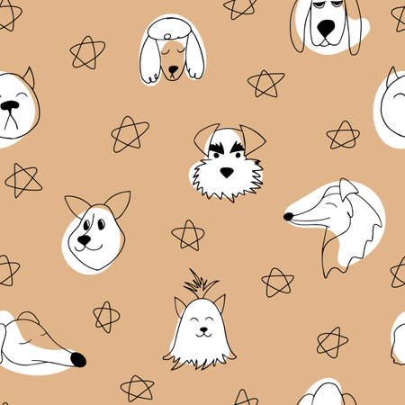 Vector seamless pattern with outline dogs of different breeds. Doodle cartoon illustration of pets on a beige backgroundのイラスト素材