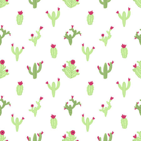 Vector seamless cactus pattern on white background. Cute childish illustration in cartoon flat style with colorful cacti and flowers for baby apparel, textile and product design, wallpaper, wrapping paper, card, scrapbookingのイラスト素材