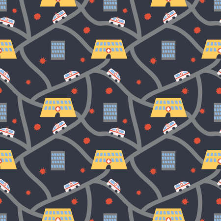 Vector seamless doctor pattern with hospital, road and ambulance on background with virusのイラスト素材