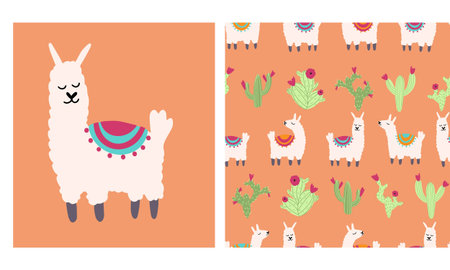 Lama alpaca seamless pattern with cactus. Vector illustration of nursery characters in cartoon hand drawn doodle childish styleのイラスト素材