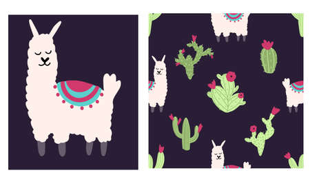 Lama alpaca seamless pattern with cactus. Vector illustration of nursery characters in cartoon hand drawn doodle childish styleのイラスト素材
