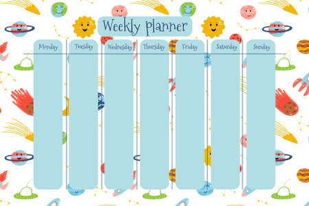 Weekly planner for kids with planets, space elements, rocket, meteorite, constellation in cartoon childish style. Colorful vector illustration for stationary, schedule, list, school timetable, extracurricular activities.のイラスト素材