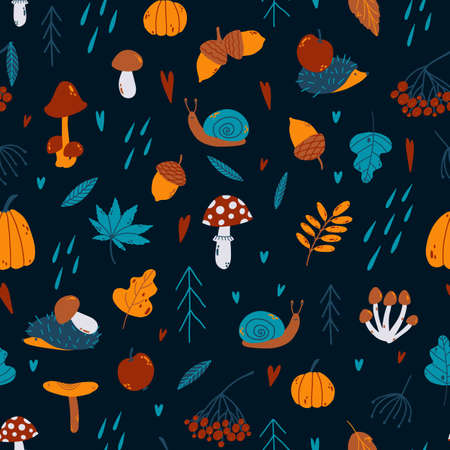 Vector autumn seamless pattern with pumpkin, rowan, spruce, acorn, mushrooms, hedgehog, leaves, snail, apple, rain, heart, fly agaric in hand drawn childish style. Fall illustration in blue and orange color for for baby apparel, textile and product design, wallpaper, wrapping paper, card, scrapbooking.のイラスト素材