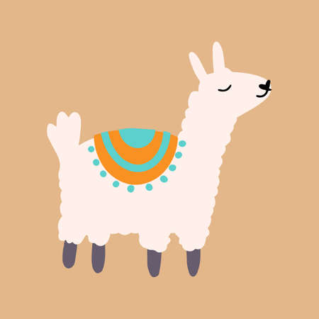 Vector cute lama in cartoon hand drawn childish style. Funny animal character for nursery, baby apparel, textile and product design, wallpaper, wrapping paper, card, scrapbookingのイラスト素材