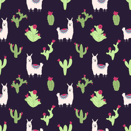 Lama alpaca seamless pattern with cactus. Vector illustration of nursery characters in cartoon hand drawn doodle childish style for baby apparel, textile and product design, wallpaper, wrapping paper, card, scrapbookingのイラスト素材