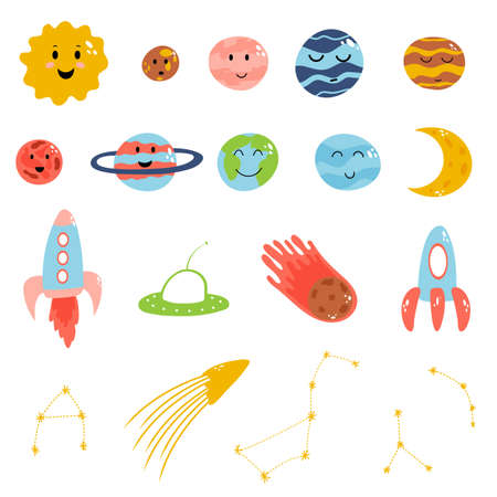 Space elements in cartoon flat childish style. Vector illustration of planets, rocket, meteorite, constellation on white background for baby apparel, textile and product design, wallpaper, wrapping paper, card, scrapbooking.のイラスト素材