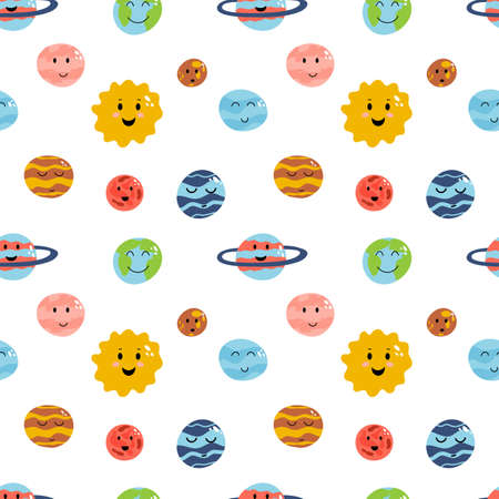 Space elements seamless pattern in cartoon flat childish style. Vector illustration of planets earth, venus, mercury, jupiter, saturn, mars, neptune, uranus, pluto for baby apparel, textile and product design, wallpaper, wrapping paper, card, scrapbooking.のイラスト素材