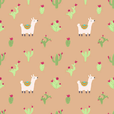 Lama alpaca seamless pattern with cactus. Vector illustration of nursery characters in cartoon hand drawn doodle childish styleのイラスト素材