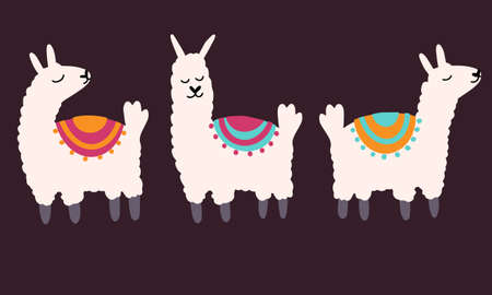 Set of vector cute lama in cartoon hand drawn childish style. Funny animal character for nursery, baby apparel, textile and product design, wallpaper, wrapping paper, card, scrapbookingのイラスト素材