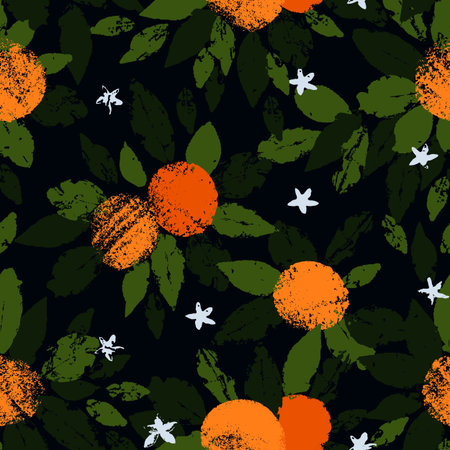 Hand drawn seamless pattern of orange fruit with leaves in the stamp technique. Vector illustration...