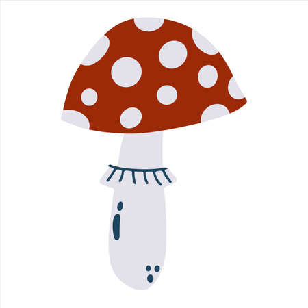 Hand drawn amanita mushroom in cartoon flat style isolated on white background. Vector illustration of fly-agaricのイラスト素材