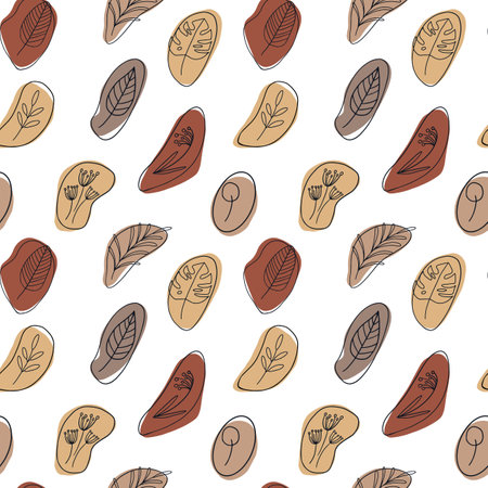 Seamless pattern with floral black line art ink drawing and abstract spots in warm earthy colors. Vector illustration of autumn backgroundのイラスト素材