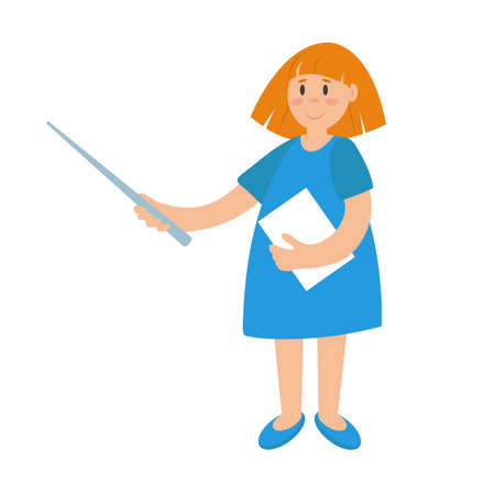 Teacher woman in cartoon style. Cute female character in blue dress with book and pointer in handsのイラスト素材
