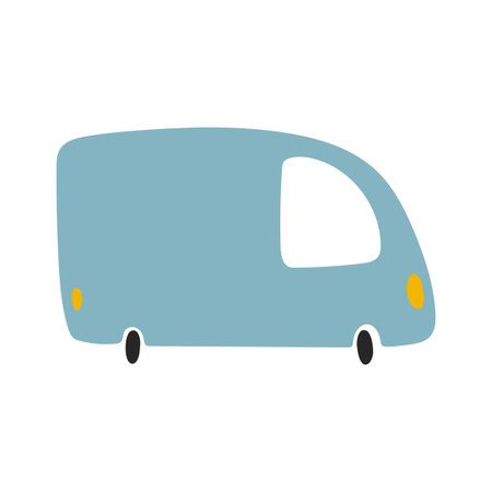 Vector illustration of minibus isolated on white background in cartoon hand drawn style. Childish transport icon for nursery, baby apparel, textile and product design, wallpaper, wrapping paper, card, scrapbooking.のイラスト素材