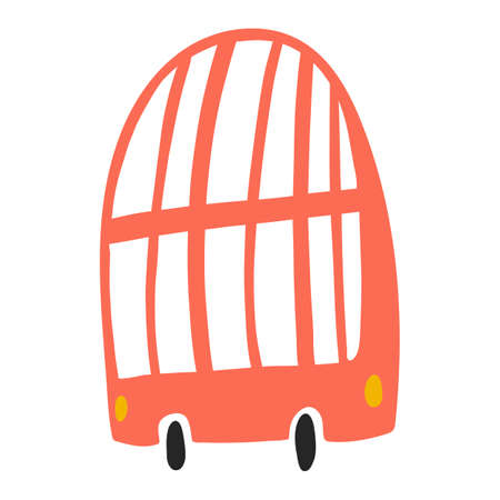Vector illustration of red double decker bus isolated on white background in cartoon hand drawn style. Childish transport icon in blue colors for nursery, baby apparel, textile and product design, wallpaper, wrapping paper, card, scrapbooking.のイラスト素材