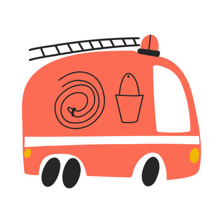 Vector illustration of fire engine truck isolated on white background in cartoon hand drawn style....